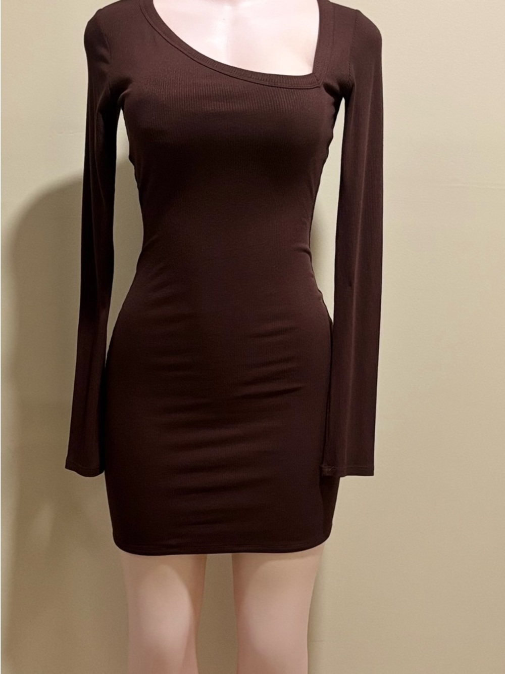 naked wardrobe Brown Asymmetric Neck Long Sleeve Mini Dress size Large